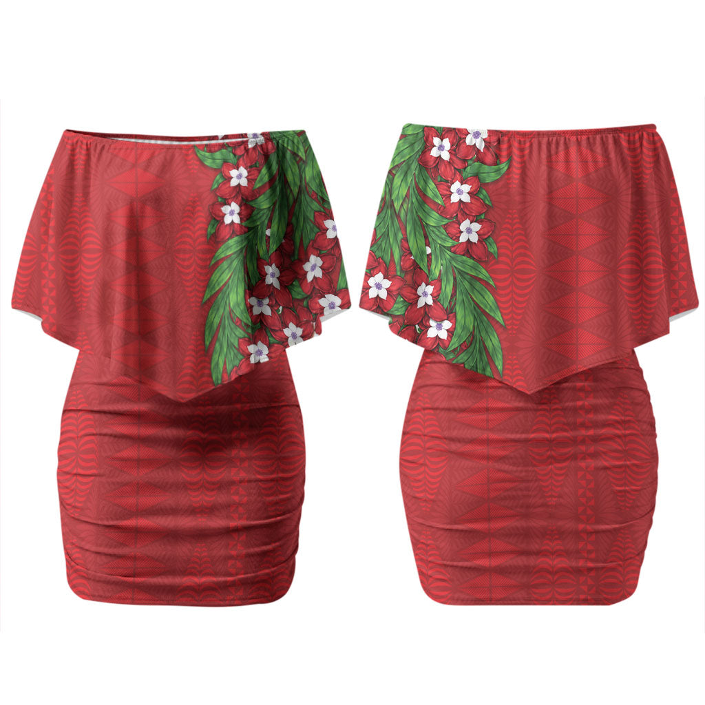 Tonga Language Week Family Matching Off Shoulder Short Dress and Hawaiian Shirt Heilala Floral Red