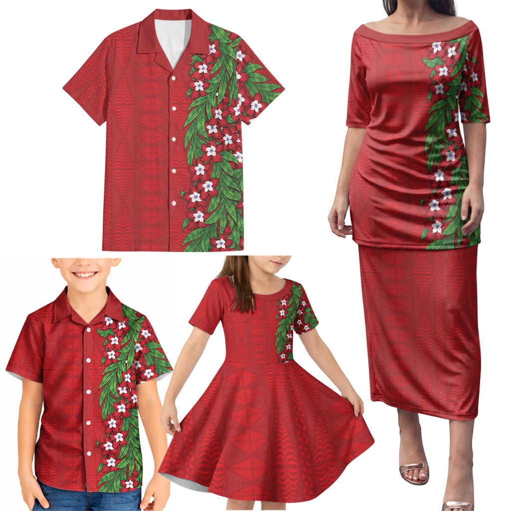 Tonga Language Week Family Matching Puletasi and Hawaiian Shirt Heilala Floral Red LT05 - Polynesian Pride