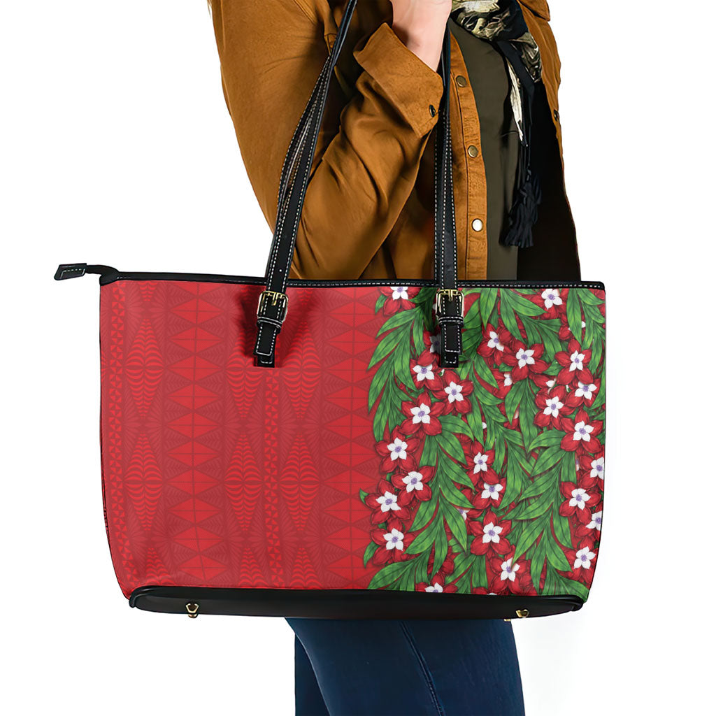 Tonga Language Week Leather Tote Bag Heilala Floral Red