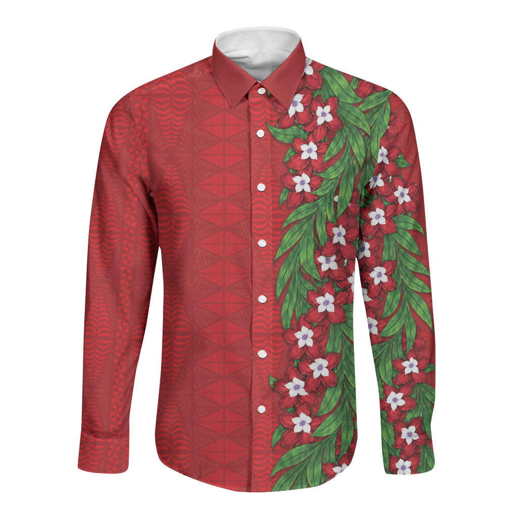 Tonga Language Week Long Sleeve Button Shirt Heilala Floral Red LT05 Unisex Red - Polynesian Pride