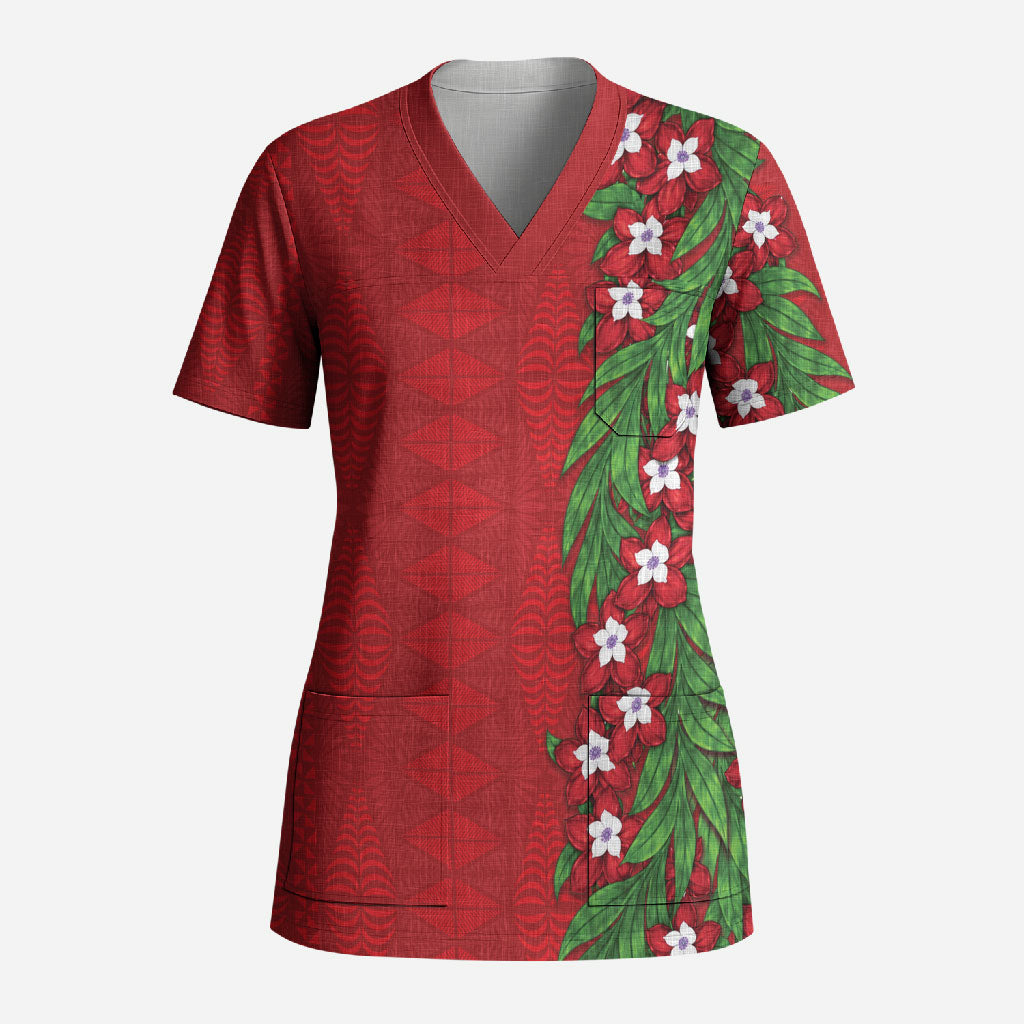 Tonga Language Week Scrub Top Heilala Floral Red LT05 Adult Red - Polynesian Pride