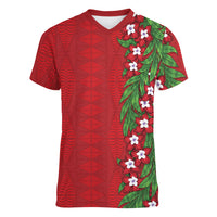 Tonga Language Week Women V-Neck T-Shirt Heilala Floral Red
