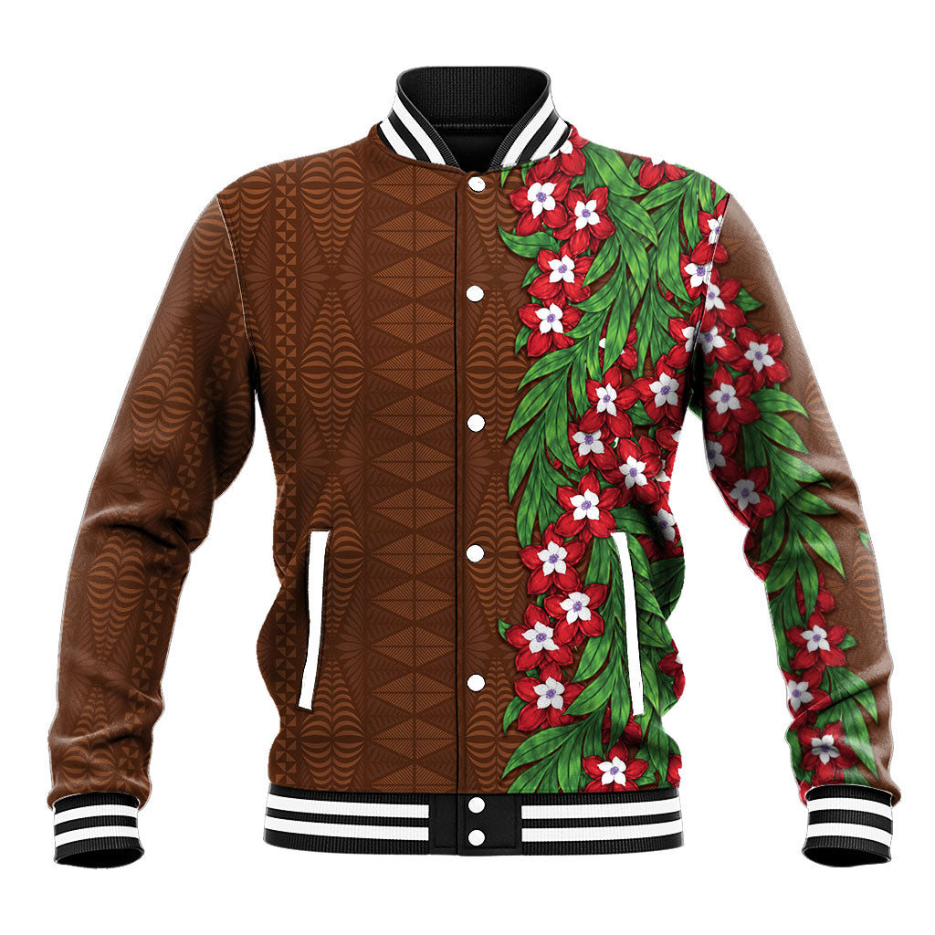 Tonga Language Week Baseball Jacket Heilala Floral Brown LT05 Unisex Brown - Polynesian Pride