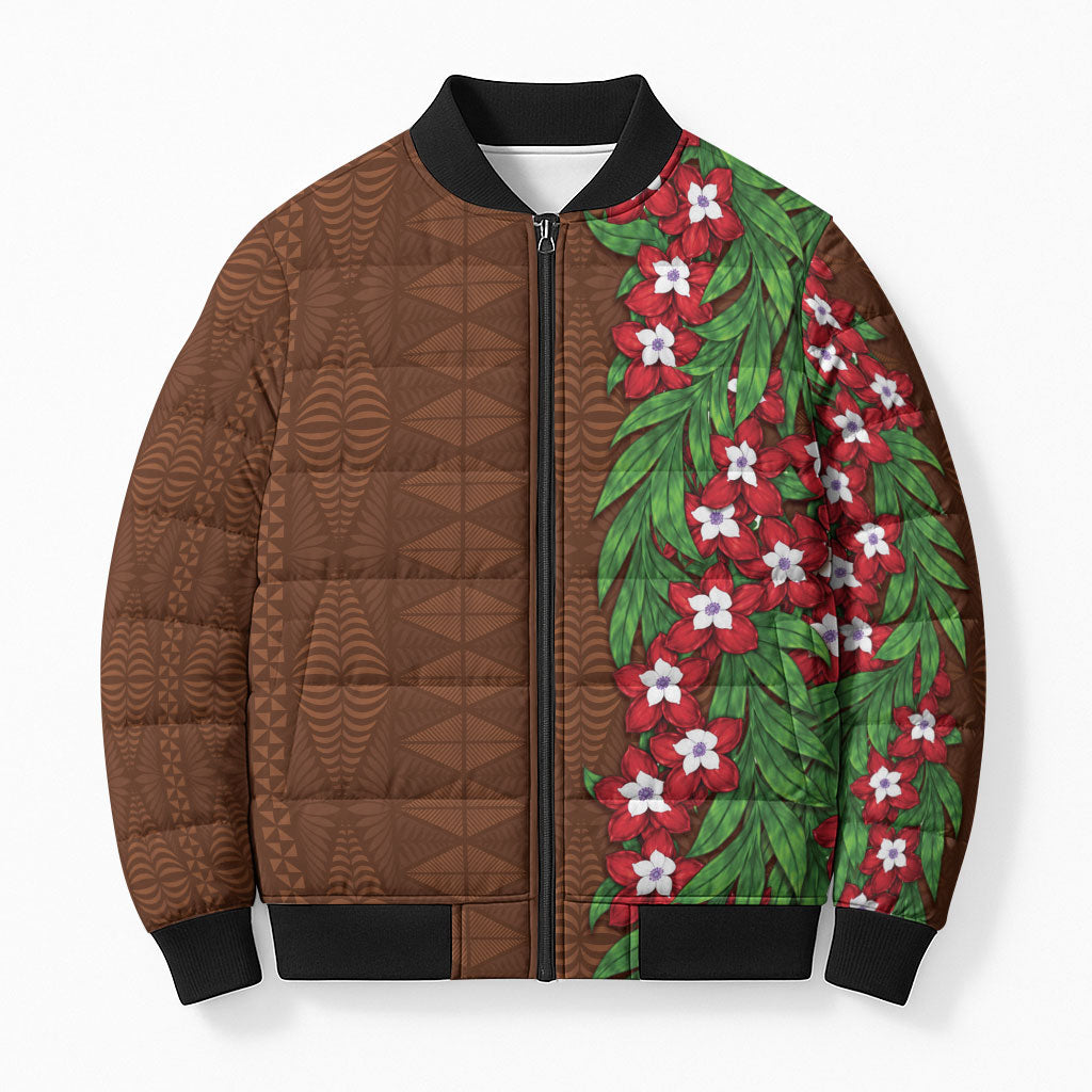 Tonga Language Week Bomber Puffer Jacket Heilala Floral Brown