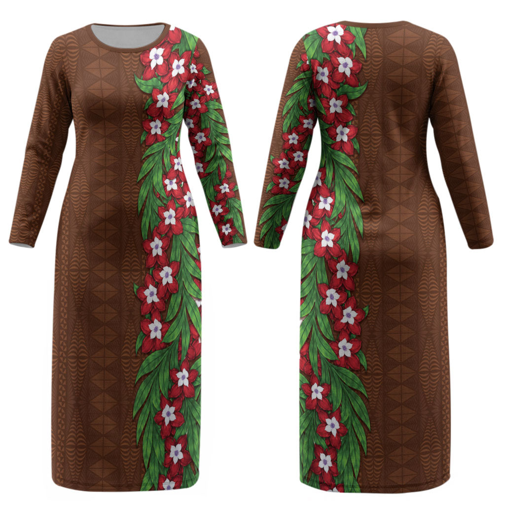 Tonga Language Week Couples Matching Long Sleeve Bodycon Dress and Long Sleeve Button Shirt Heilala Floral Brown