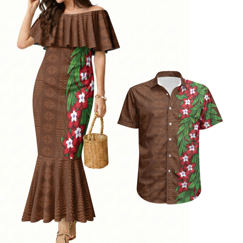 Tonga Language Week Couples Matching Mermaid Dress and Hawaiian Shirt Heilala Floral Brown LT05 Brown - Polynesian Pride