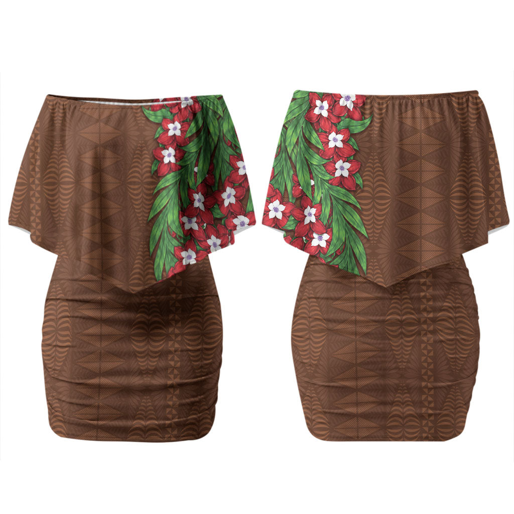 Tonga Language Week Couples Matching Off Shoulder Short Dress and Hawaiian Shirt Heilala Floral Brown