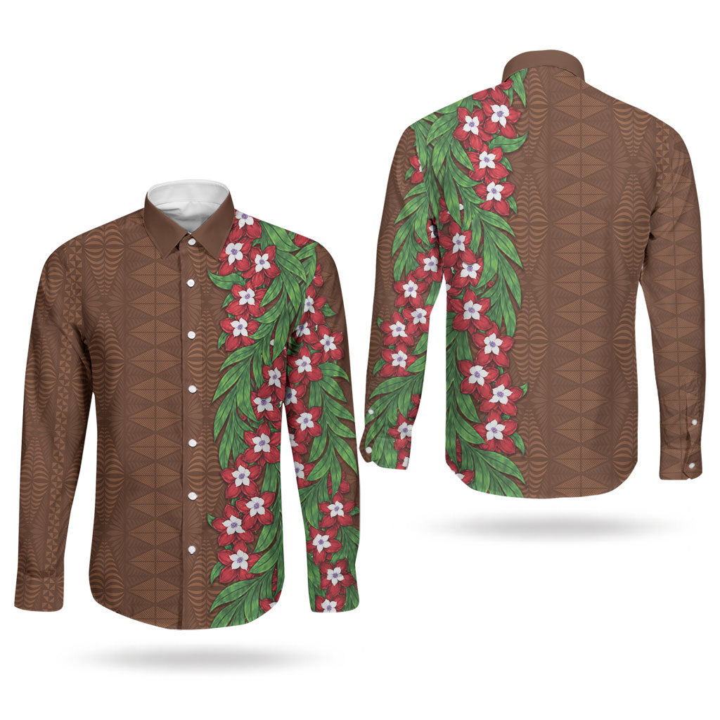 Tonga Language Week Couples Matching Off Shoulder Short Dress and Long Sleeve Button Shirt Heilala Floral Brown