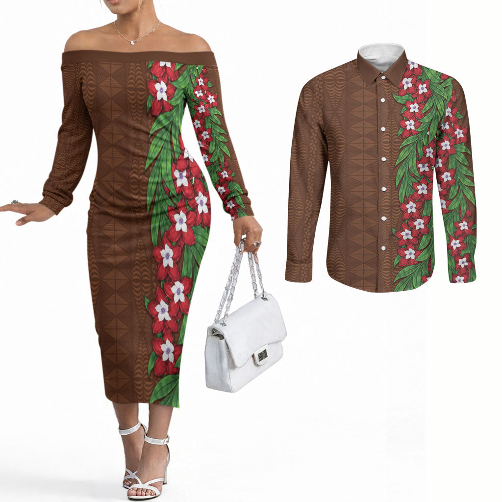 Tonga Language Week Couples Matching Off The Shoulder Long Sleeve Dress and Long Sleeve Button Shirt Heilala Floral Brown