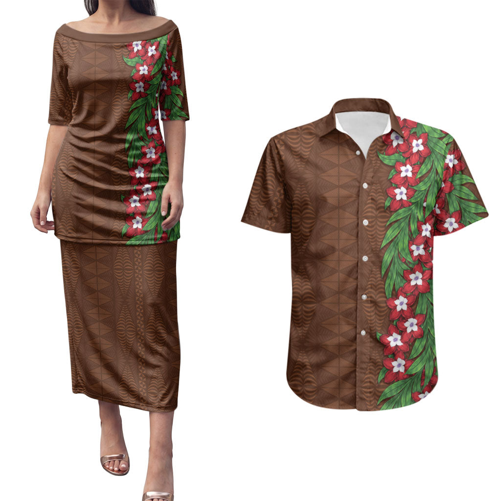 Tonga Language Week Couples Matching Puletasi and Hawaiian Shirt Heilala Floral Brown LT05 Brown - Polynesian Pride
