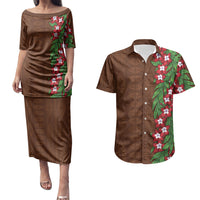 Tonga Language Week Couples Matching Puletasi and Hawaiian Shirt Heilala Floral Brown