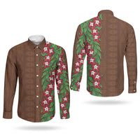 Tonga Language Week Couples Matching Puletasi and Long Sleeve Button Shirt Heilala Floral Brown