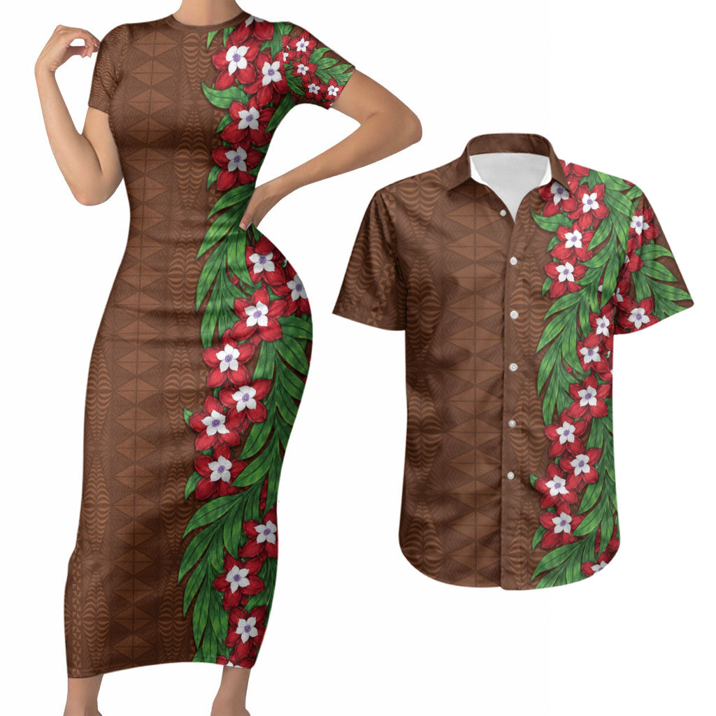 Tonga Language Week Couples Matching Short Sleeve Bodycon Dress and Hawaiian Shirt Heilala Floral Brown
