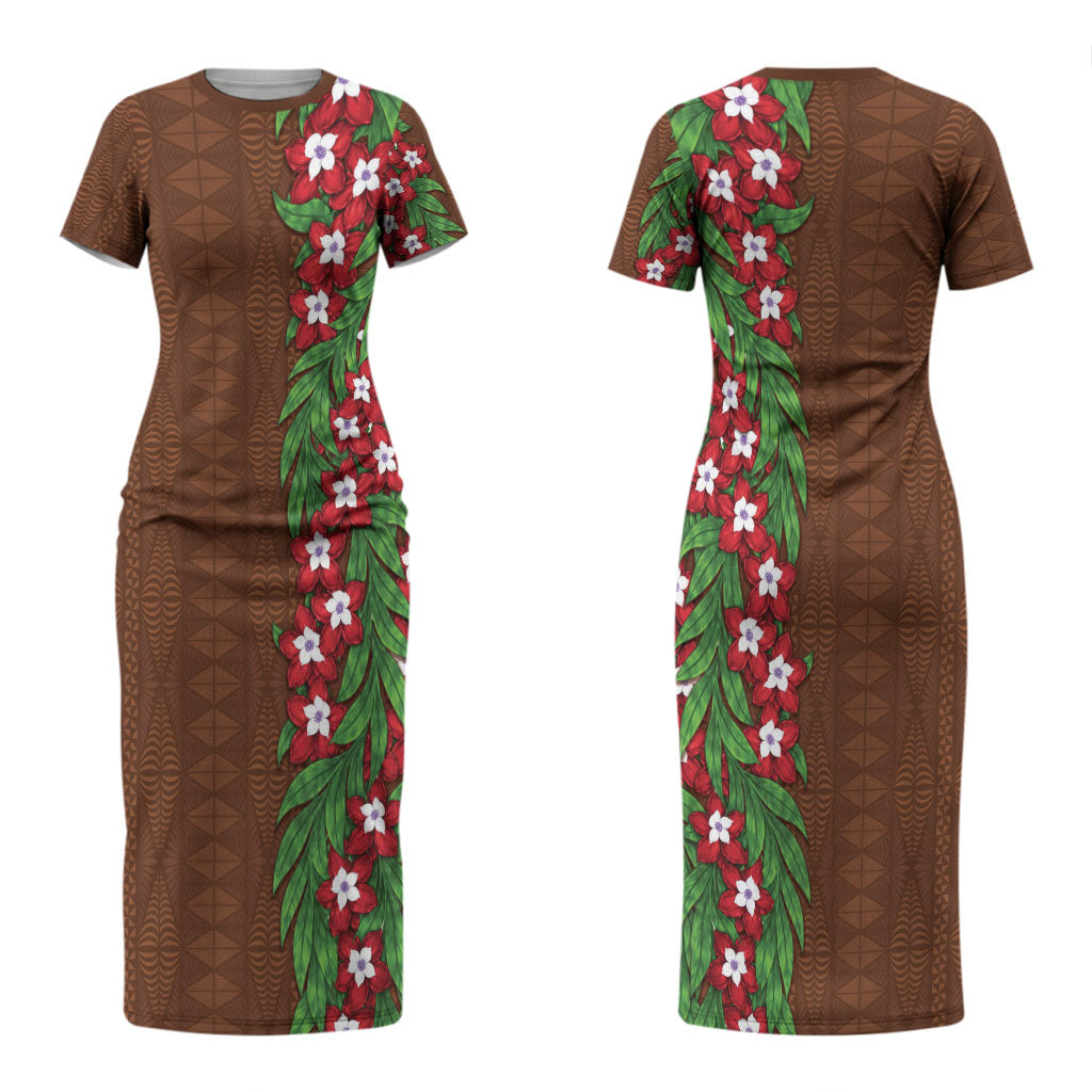 Tonga Language Week Couples Matching Short Sleeve Bodycon Dress and Hawaiian Shirt Heilala Floral Brown