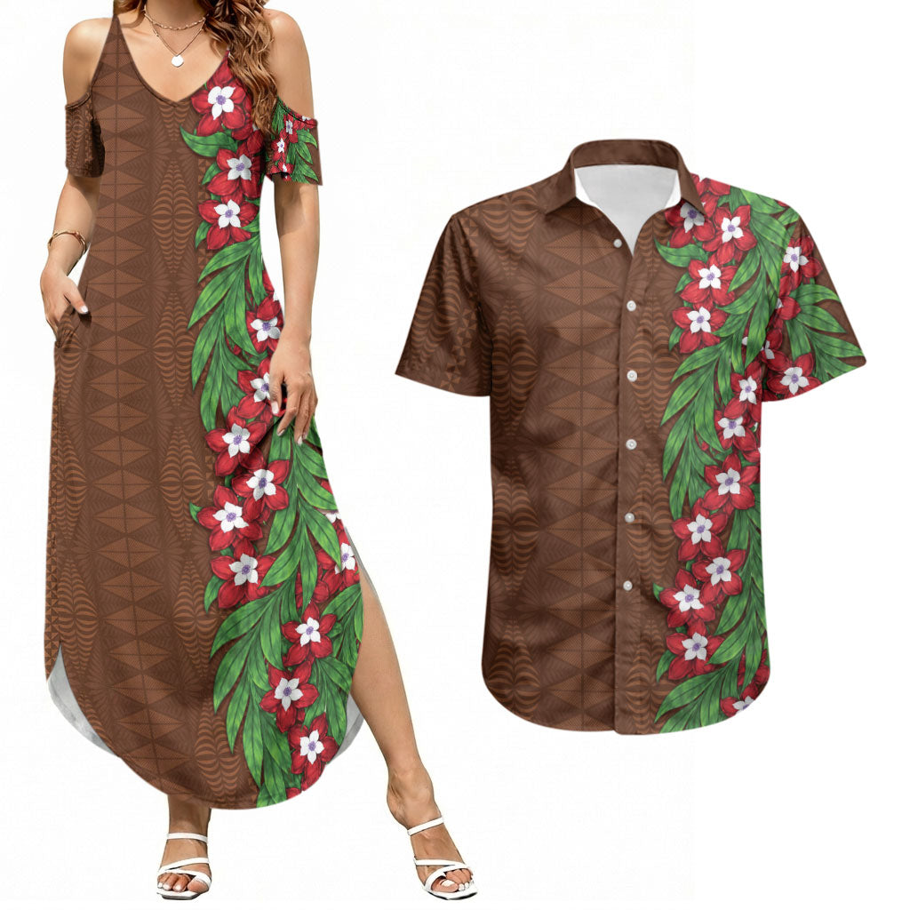 Tonga Language Week Couples Matching Summer Maxi Dress and Hawaiian Shirt Heilala Floral Brown