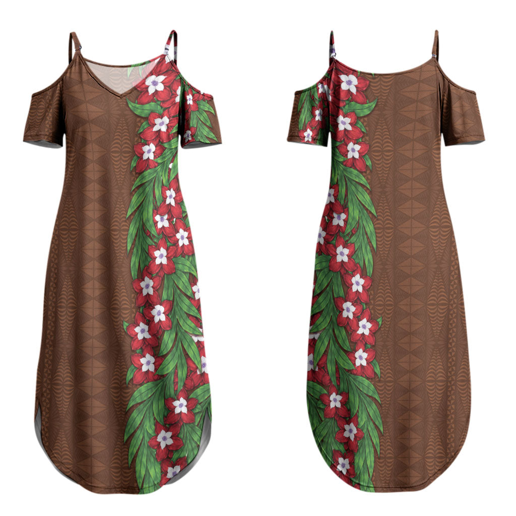 Tonga Language Week Couples Matching Summer Maxi Dress and Hawaiian Shirt Heilala Floral Brown