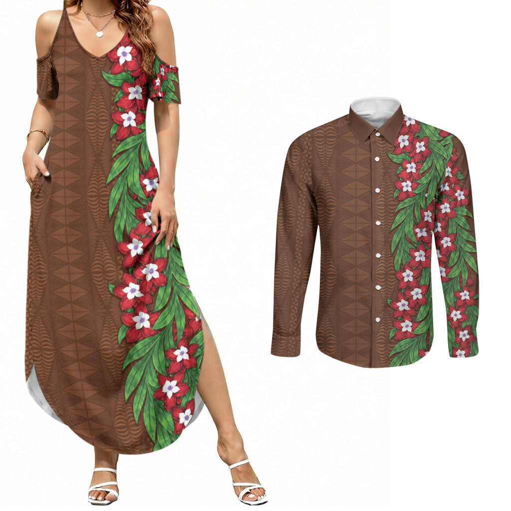 Tonga Language Week Couples Matching Summer Maxi Dress and Long Sleeve Button Shirt Heilala Floral Brown
