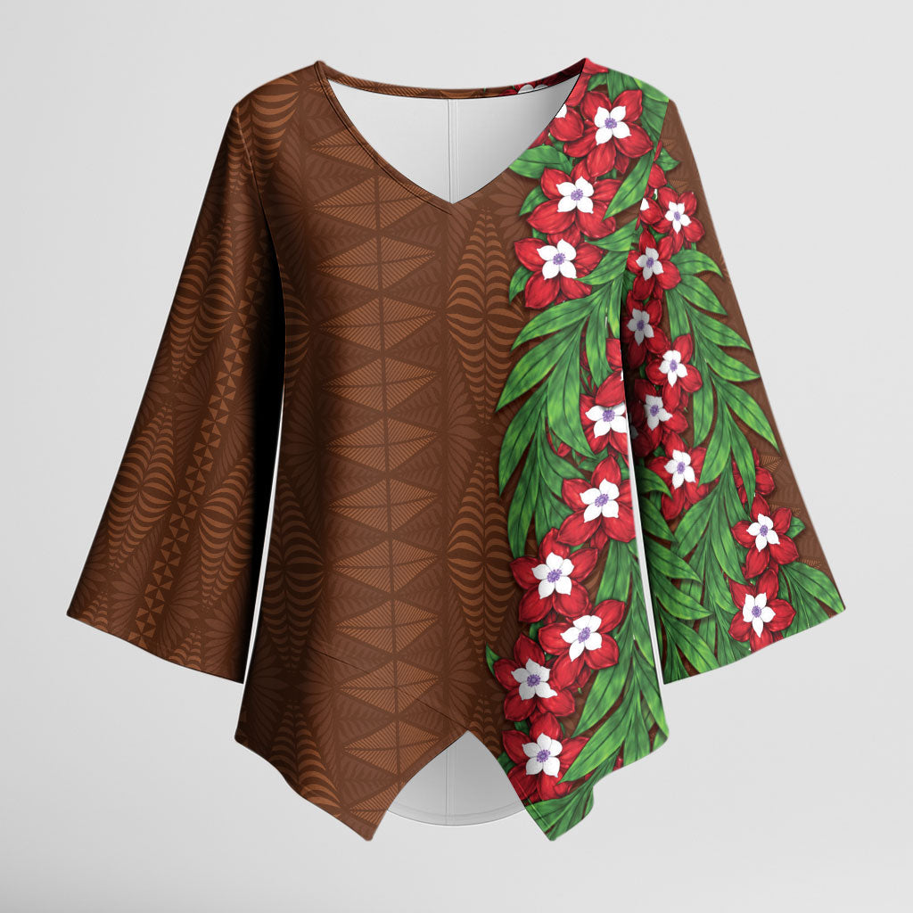 Tonga Language Week Kimono Sleeve Blouse Heilala Floral Brown LT05 Female Brown - Polynesian Pride