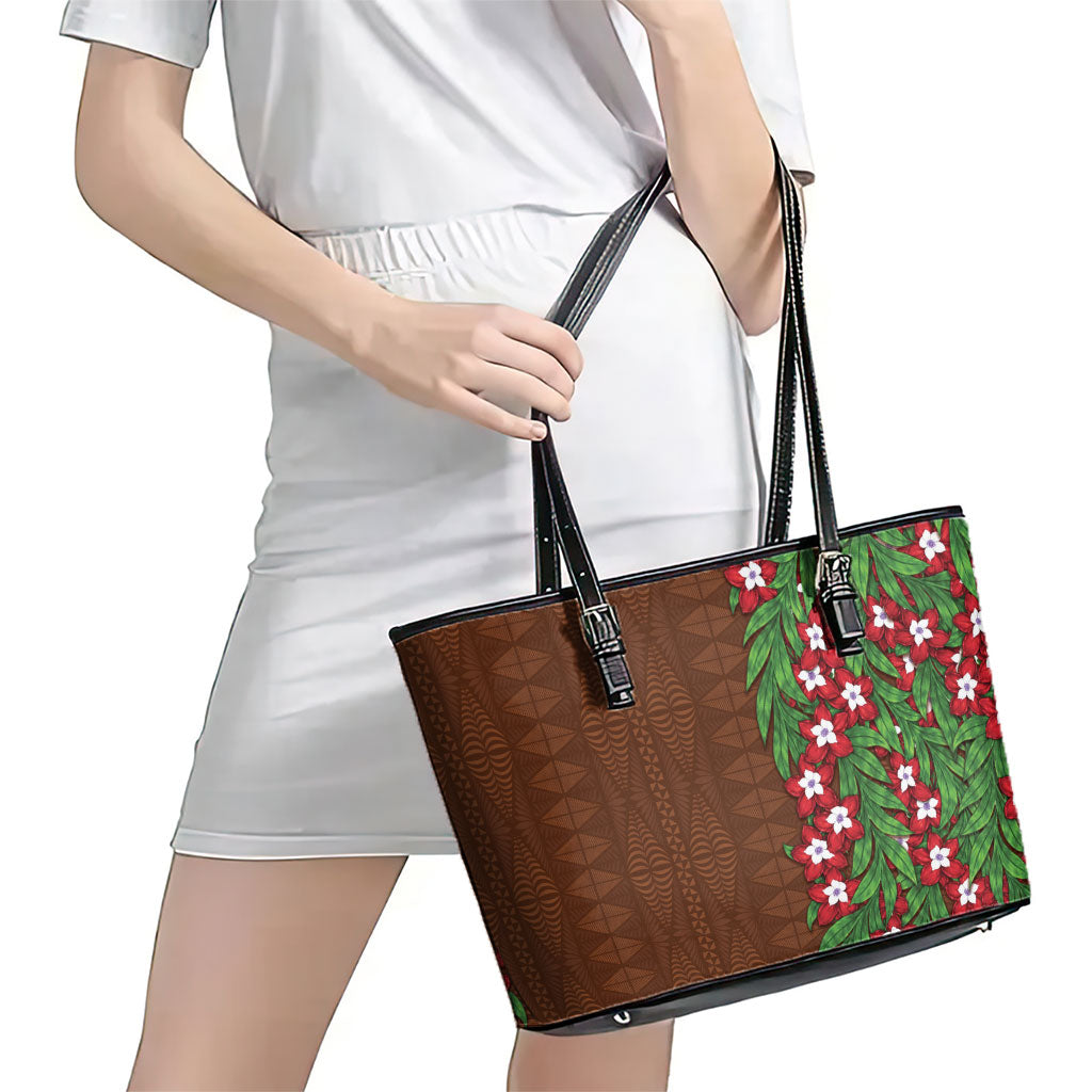 Tonga Language Week Leather Tote Bag Heilala Floral Brown