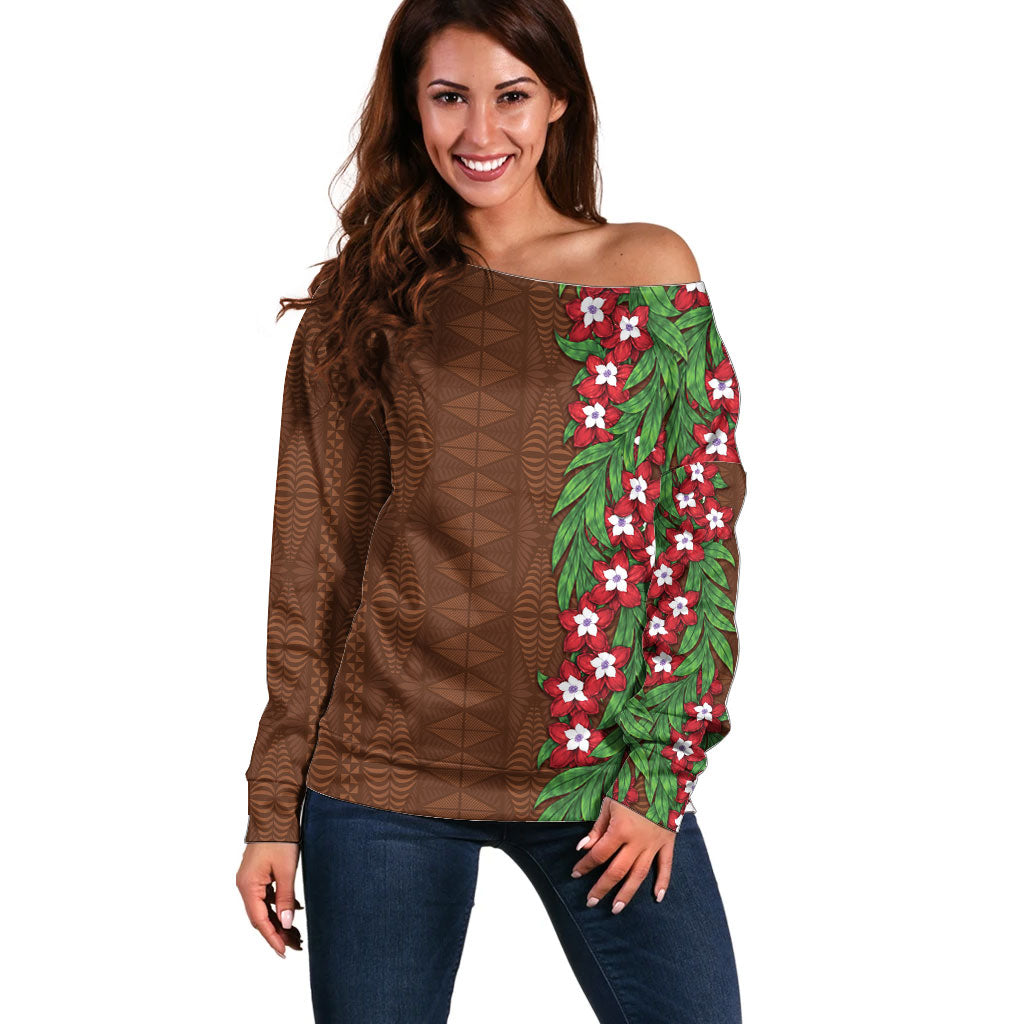 Tonga Language Week Off Shoulder Sweater Heilala Floral Brown