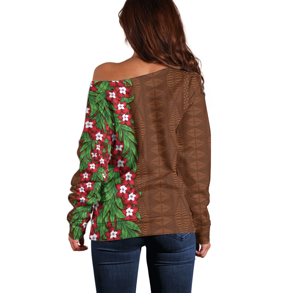 Tonga Language Week Off Shoulder Sweater Heilala Floral Brown