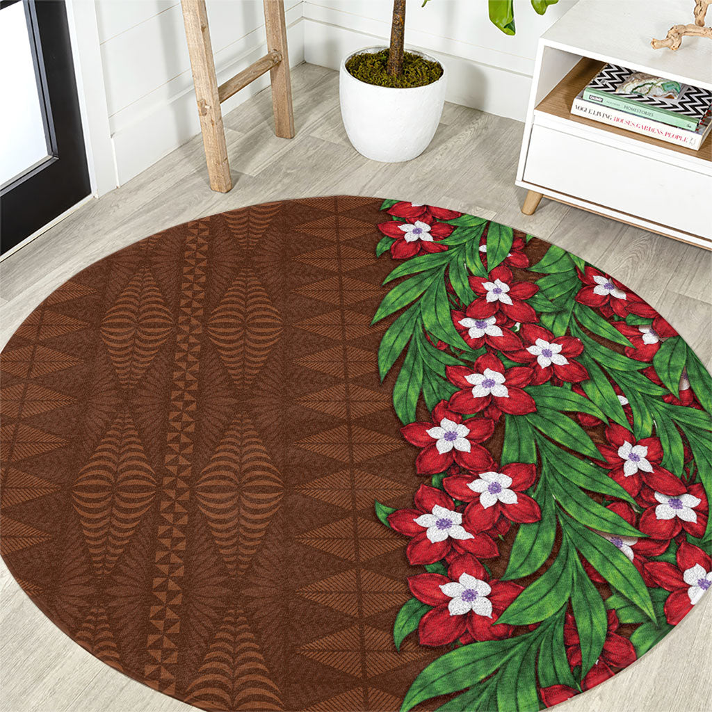 Tonga Language Week Round Carpet Heilala Floral Brown LT05 Brown - Polynesian Pride