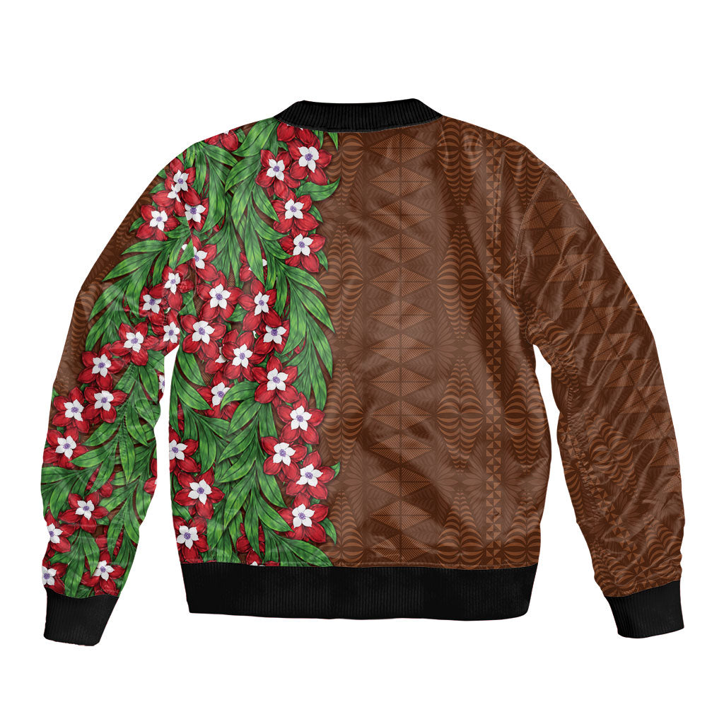Tonga Language Week Sleeve Zip Bomber Jacket Heilala Floral Brown