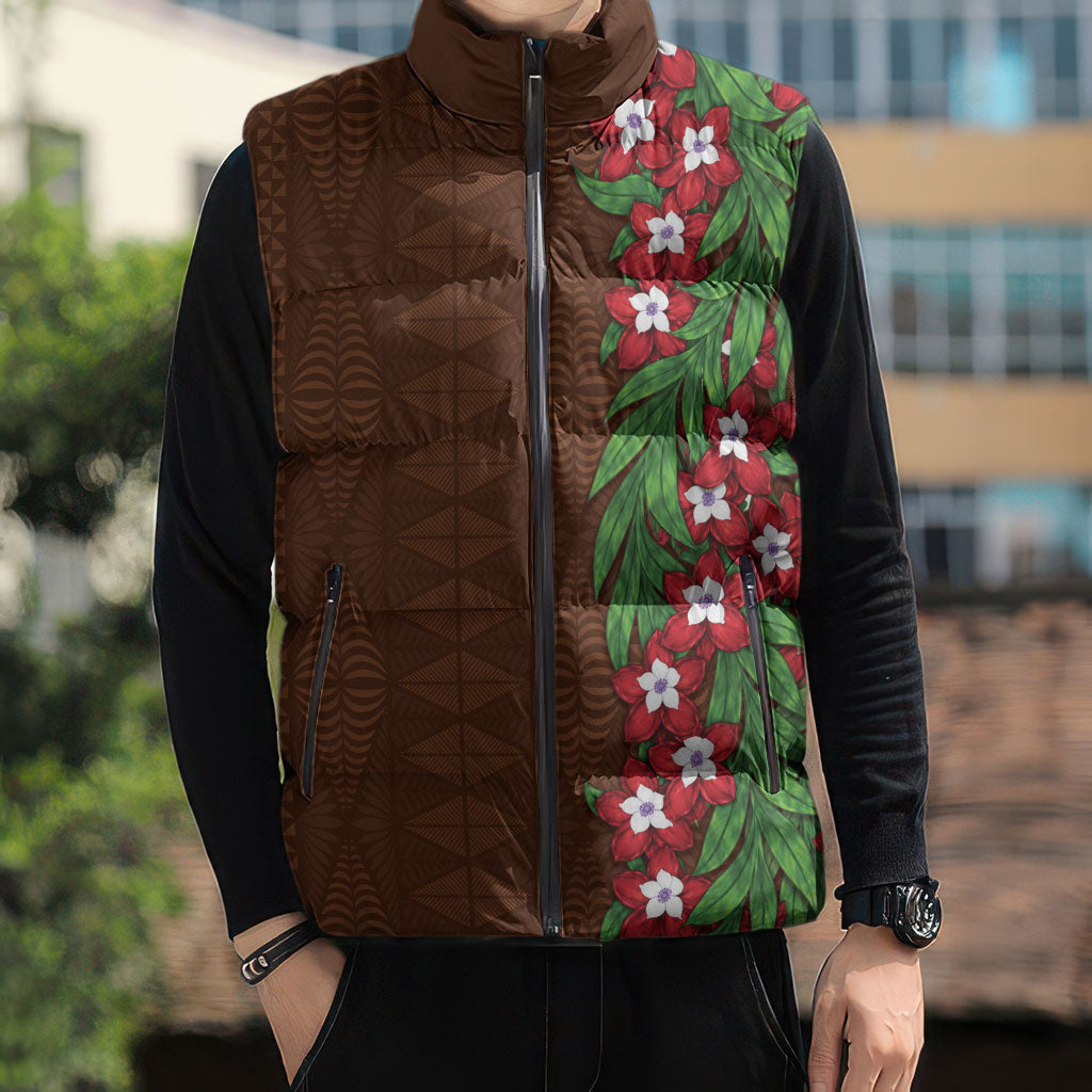Tonga Language Week Sleeveless Puffer Jacket Heilala Floral Brown