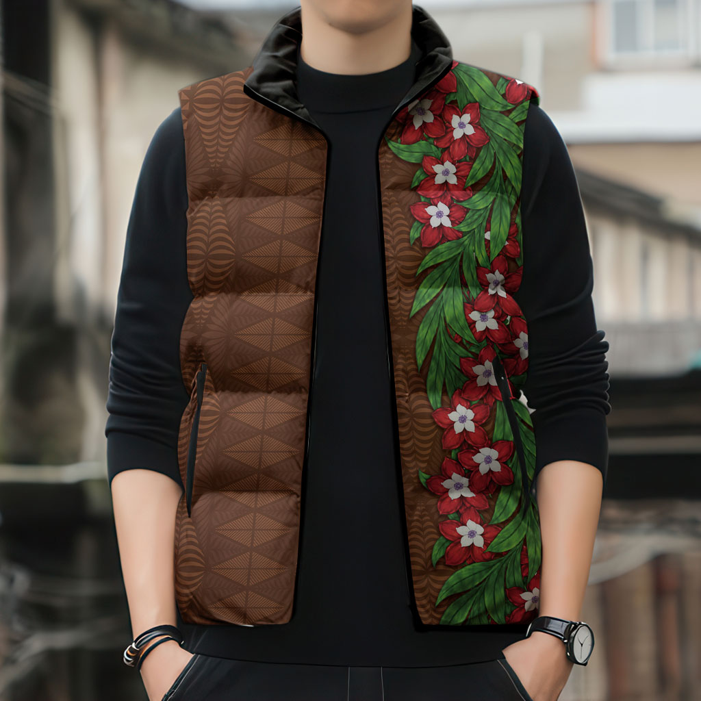 Tonga Language Week Sleeveless Puffer Jacket Heilala Floral Brown