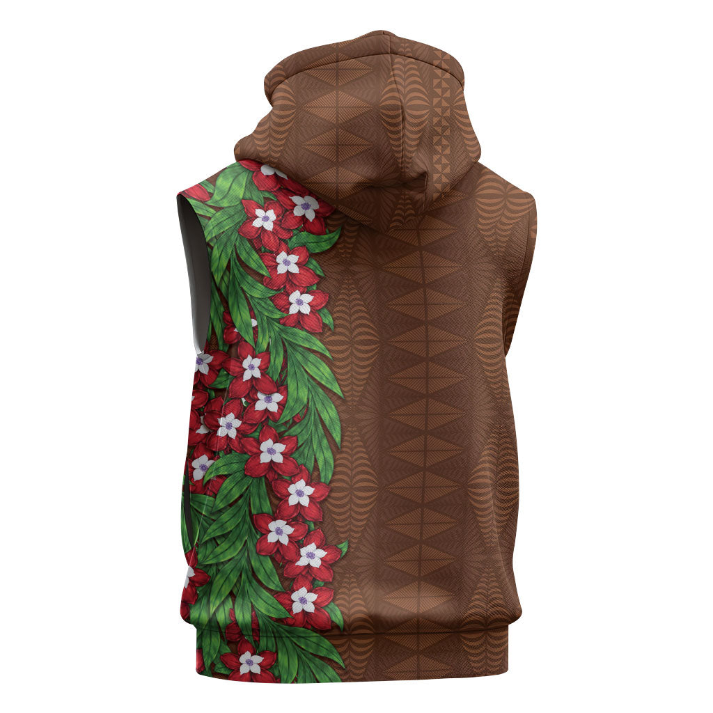 Tonga Language Week Sleeveless Zip Hoodie Heilala Floral Brown