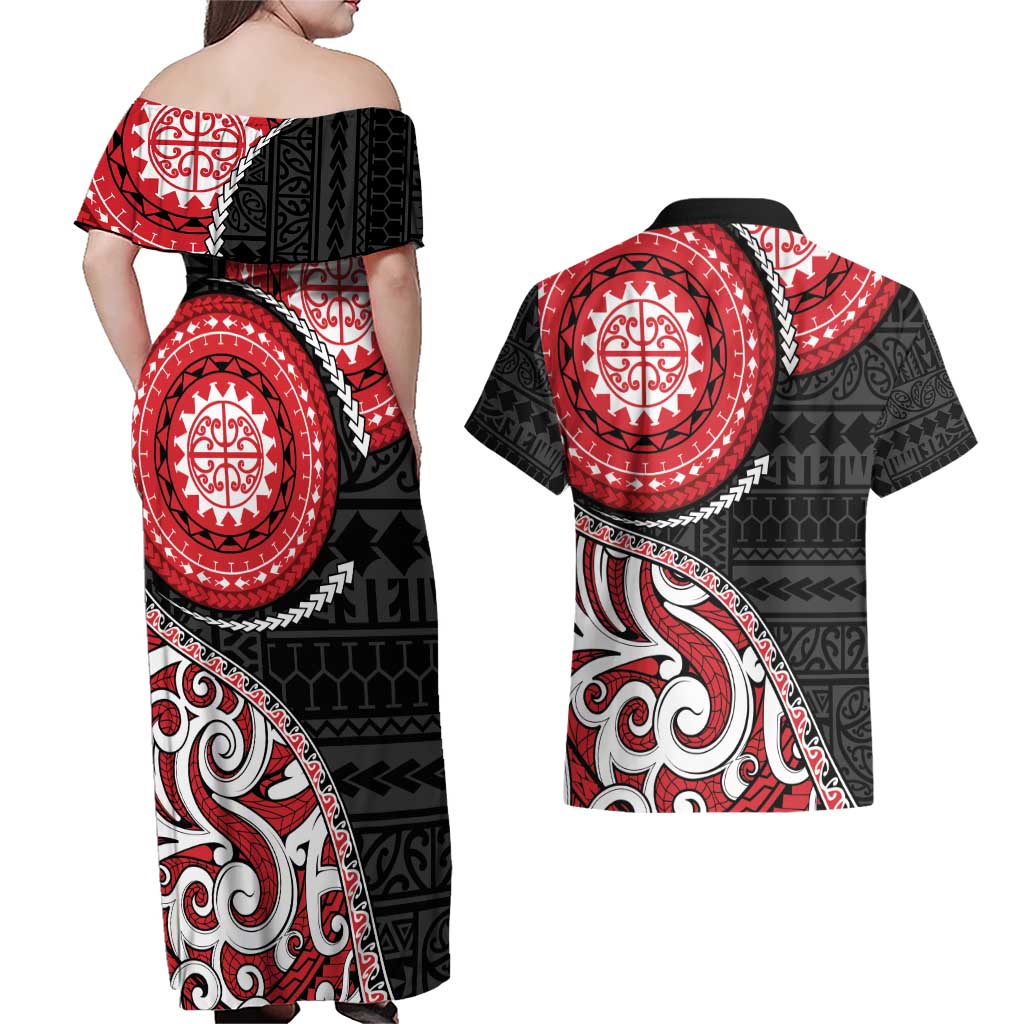 New Zealand Red Maori Koru Simple Style Couples Matching Off Shoulder Maxi Dress and Hawaiian Shirt LT05 - Polynesian Pride