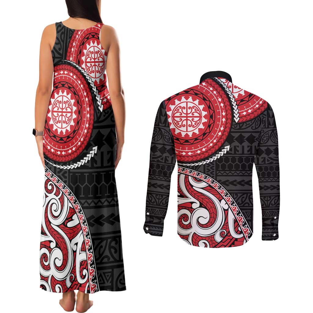 New Zealand Red Maori Koru Simple Style Couples Matching Tank Maxi Dress and Long Sleeve Button Shirt