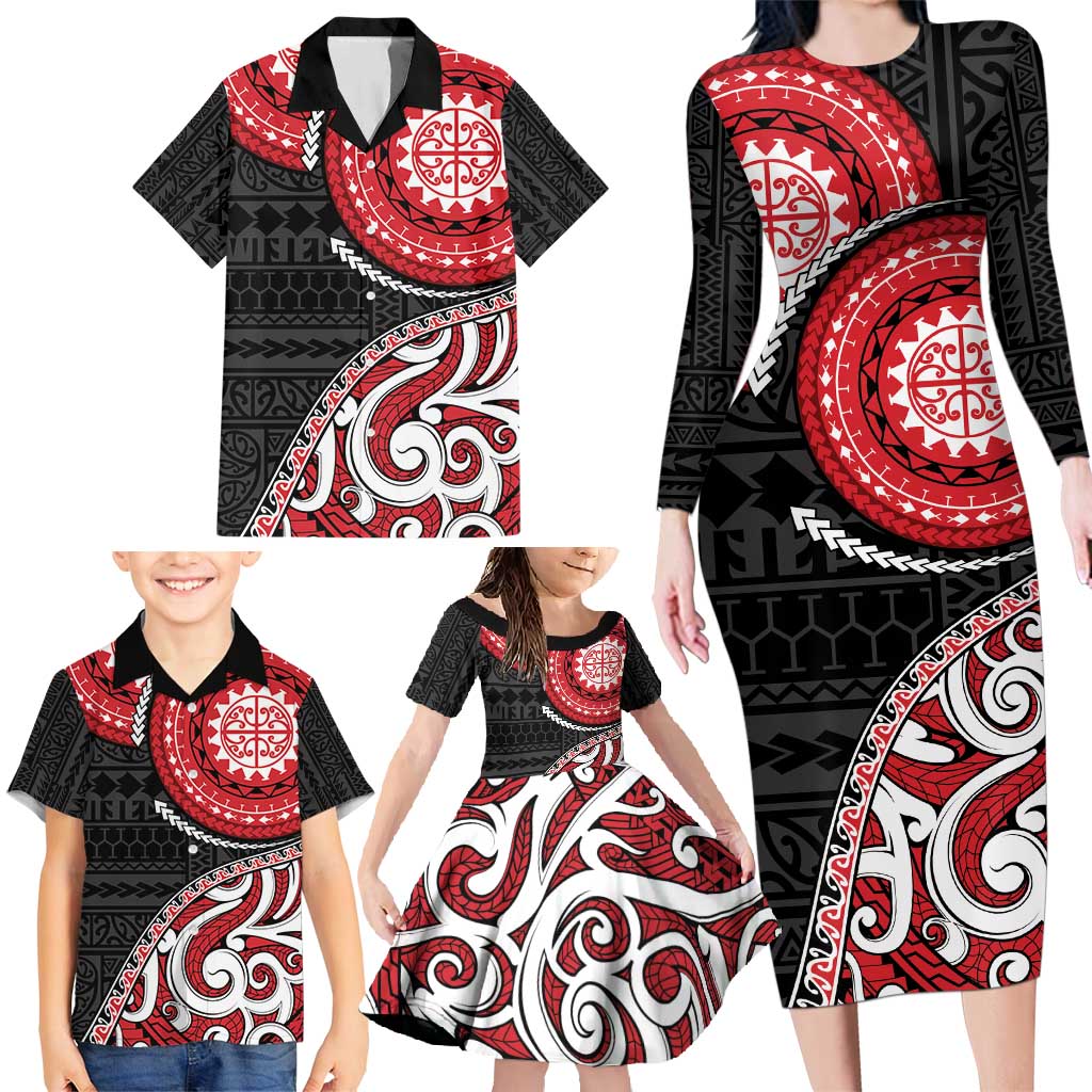 New Zealand Red Maori Koru Simple Style Family Matching Long Sleeve Bodycon Dress and Hawaiian Shirt LT05 - Polynesian Pride