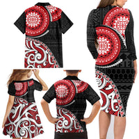New Zealand Red Maori Koru Simple Style Family Matching Long Sleeve Bodycon Dress and Hawaiian Shirt LT05 - Polynesian Pride