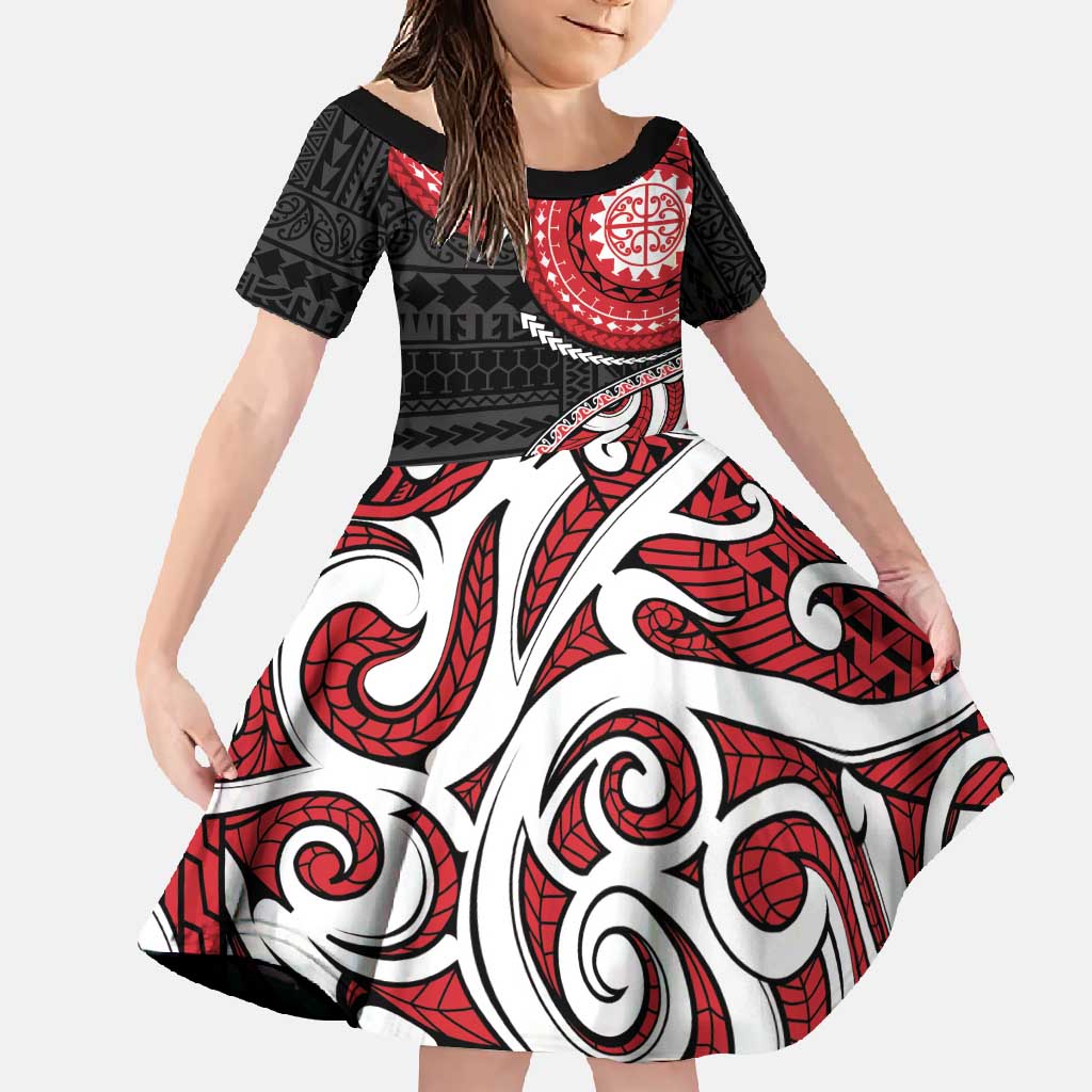 New Zealand Red Maori Koru Simple Style Family Matching Off Shoulder Maxi Dress and Hawaiian Shirt LT05 Daughter's Dress Red - Polynesian Pride