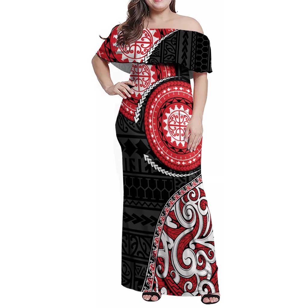 New Zealand Red Maori Koru Simple Style Family Matching Off Shoulder Maxi Dress and Hawaiian Shirt LT05 Mom's Dress Red - Polynesian Pride