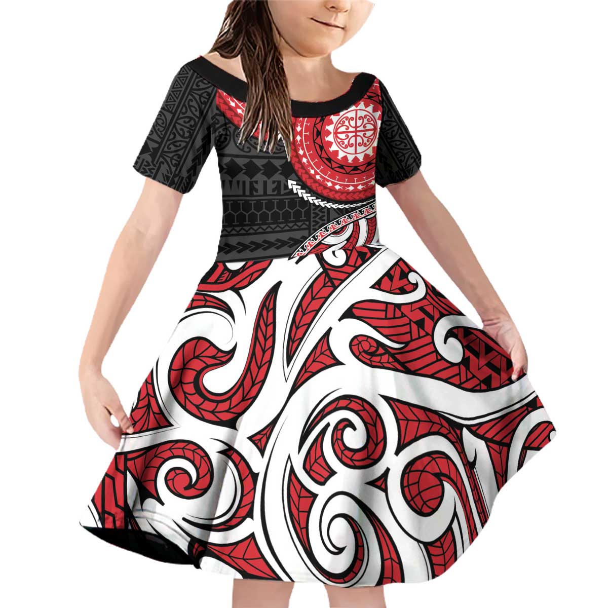 New Zealand Red Maori Koru Simple Style Family Matching Off Shoulder Short Dress and Hawaiian Shirt LT05 Daughter's Dress Red - Polynesian Pride