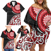 New Zealand Red Maori Koru Simple Style Family Matching Off Shoulder Short Dress and Hawaiian Shirt LT05 - Polynesian Pride