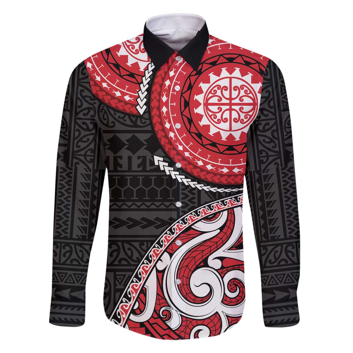 New Zealand Red Maori Koru Simple Style Family Matching Off Shoulder Short Dress and Hawaiian Shirt LT05 Dad's Shirt - Long Sleeve Red - Polynesian Pride