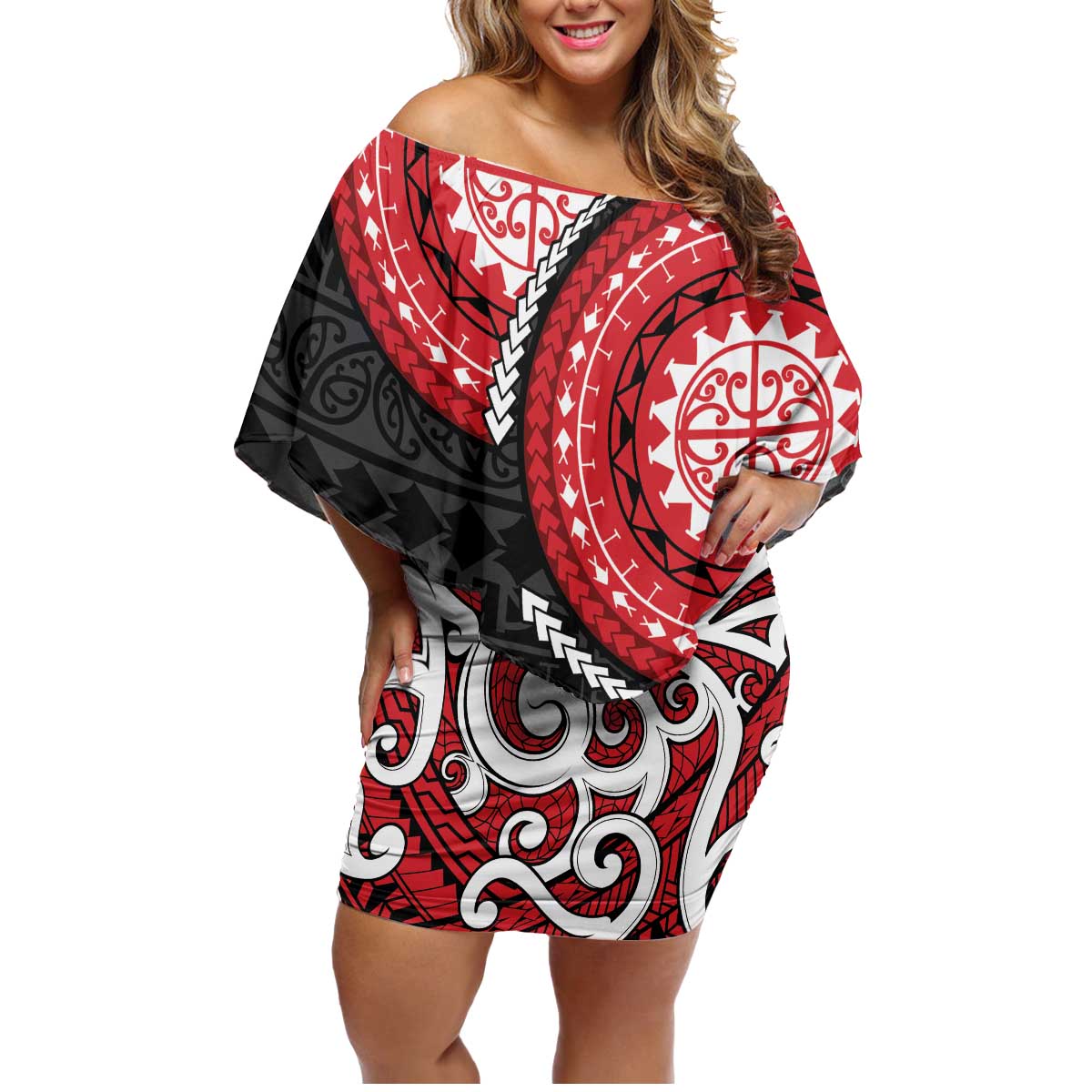 New Zealand Red Maori Koru Simple Style Family Matching Off Shoulder Short Dress and Hawaiian Shirt LT05 Mom's Dress Red - Polynesian Pride