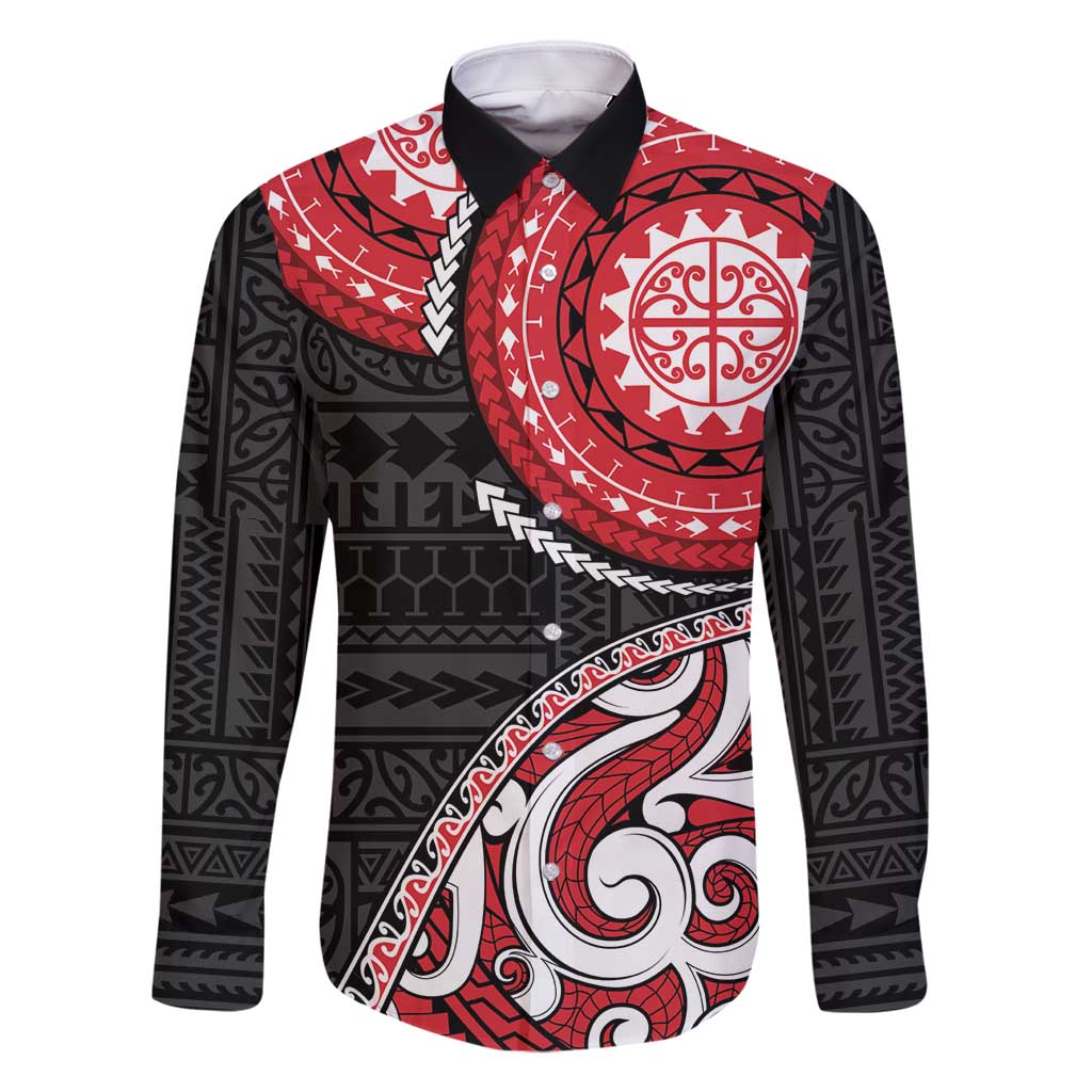 New Zealand Red Maori Koru Simple Style Family Matching Summer Maxi Dress and Hawaiian Shirt LT05 Dad's Shirt - Long Sleeve Red - Polynesian Pride