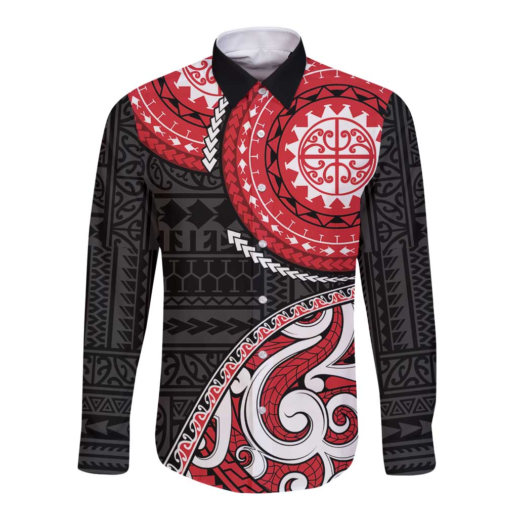 New Zealand Red Maori Koru Simple Style Long Sleeve Button Shirt LT05 Unisex Red - Polynesian Pride