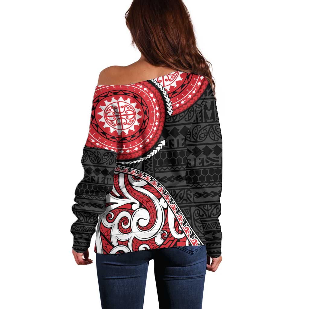New Zealand Red Maori Koru Simple Style Off Shoulder Sweater