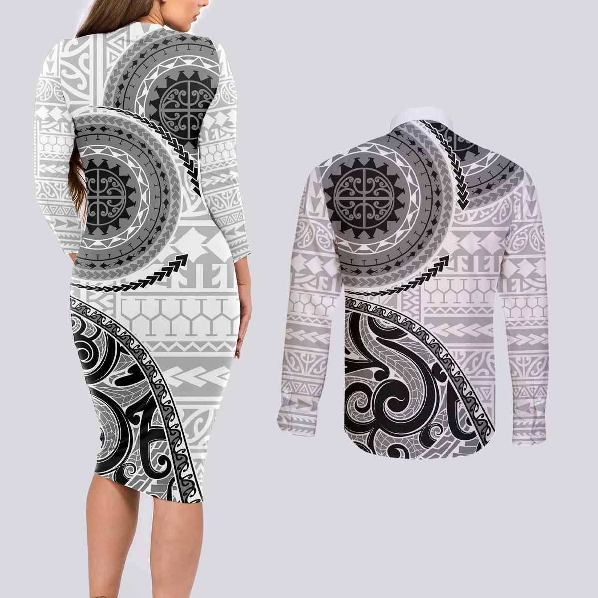 New Zealand White Maori Koru Simple Style Couples Matching Long Sleeve Bodycon Dress and Long Sleeve Button Shirt