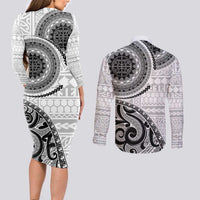 New Zealand White Maori Koru Simple Style Couples Matching Long Sleeve Bodycon Dress and Long Sleeve Button Shirt