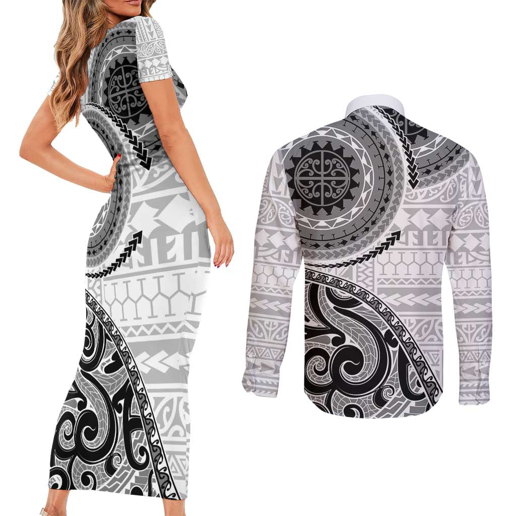 New Zealand White Maori Koru Simple Style Couples Matching Short Sleeve Bodycon Dress and Long Sleeve Button Shirt