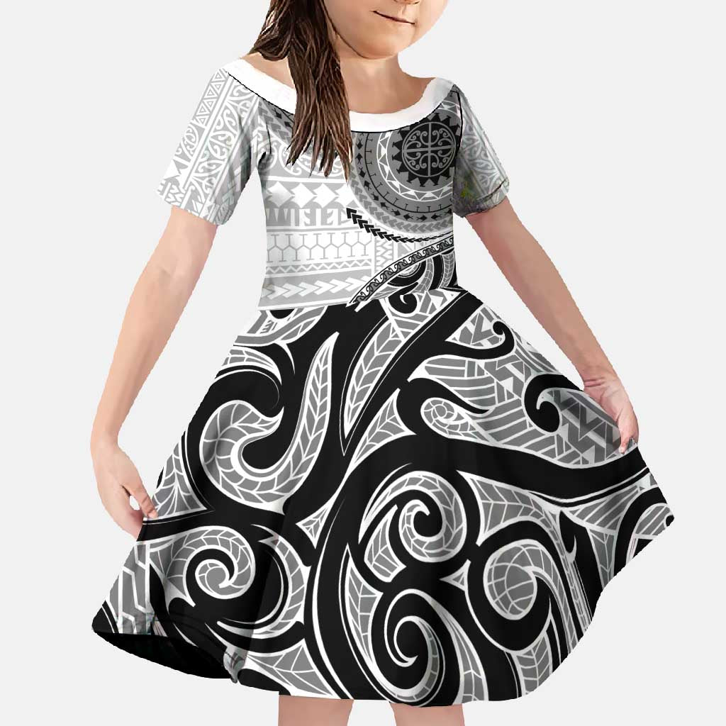 New Zealand White Maori Koru Simple Style Family Matching Long Sleeve Bodycon Dress and Hawaiian Shirt LT05 Daughter's Dress White - Polynesian Pride