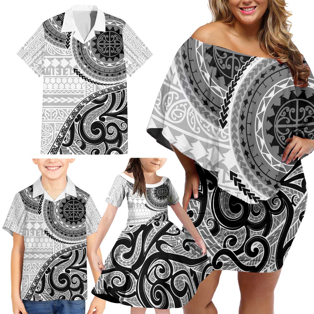 New Zealand White Maori Koru Simple Style Family Matching Off Shoulder Short Dress and Hawaiian Shirt LT05 - Polynesian Pride