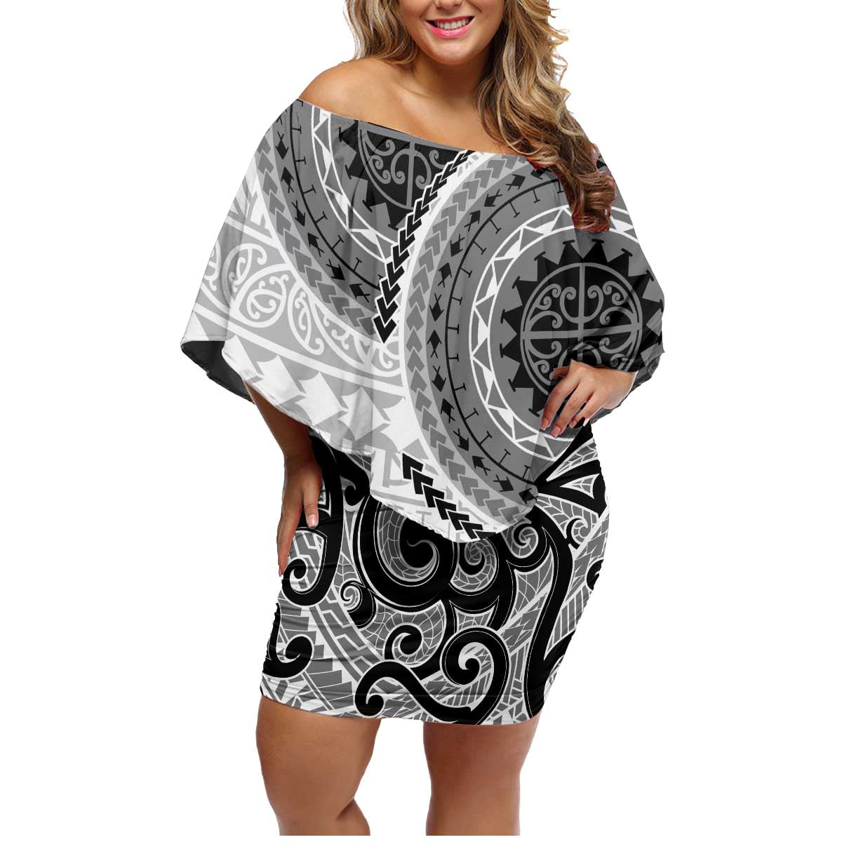 New Zealand White Maori Koru Simple Style Family Matching Off Shoulder Short Dress and Hawaiian Shirt LT05 Mom's Dress White - Polynesian Pride