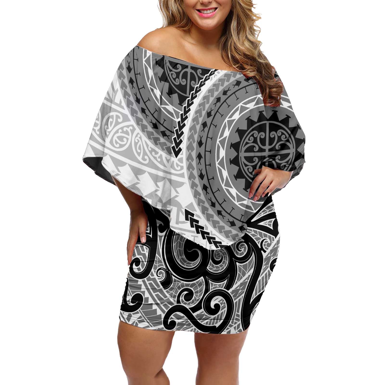 New Zealand White Maori Koru Simple Style Off Shoulder Short Dress